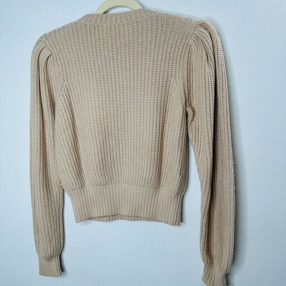 Frame Tan Ribbed Cable Knit Crew Neck Balloon Puff-Sleeve Banded Crop Sweater XS - Picture 6 of 12